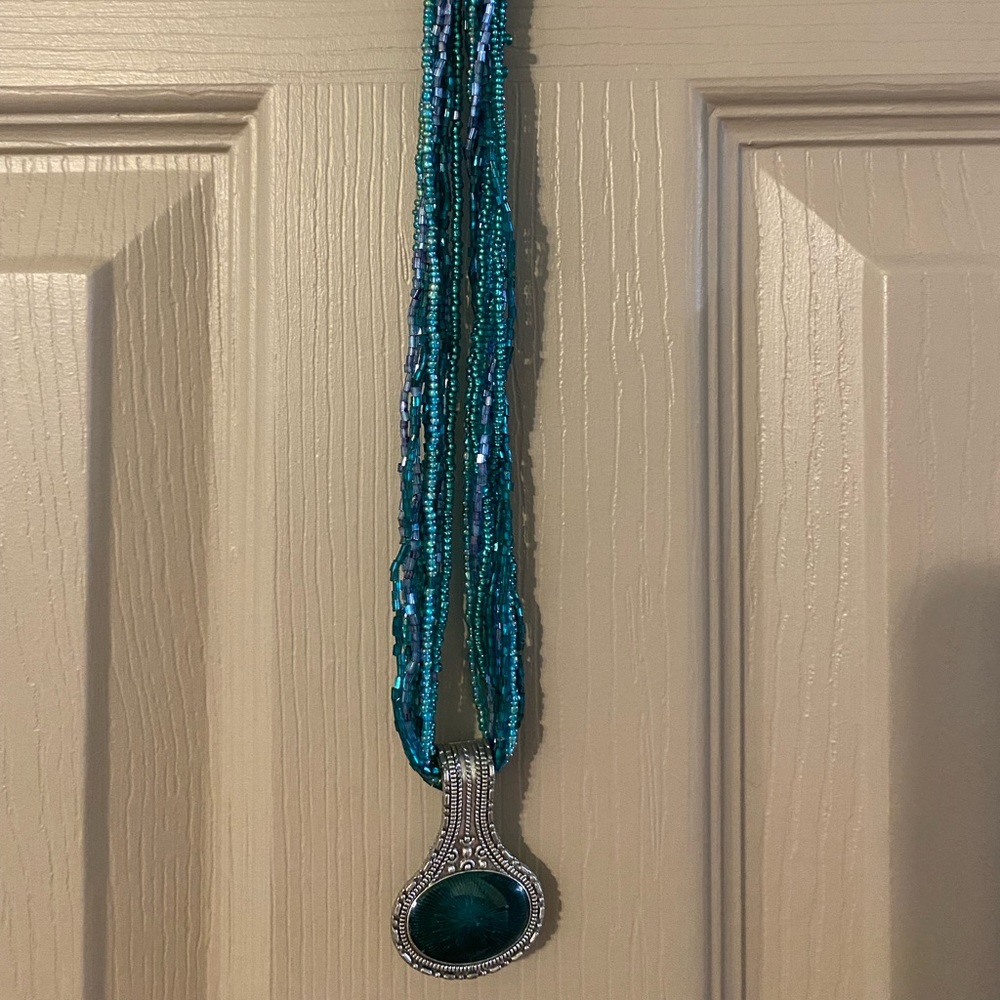 10 Strand Green and blue Beaded Necklace 2" Pendant